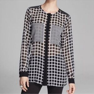 Michael Kors Window Pane Checkered Semi Sheer Long Sleeve Blouse Size Small